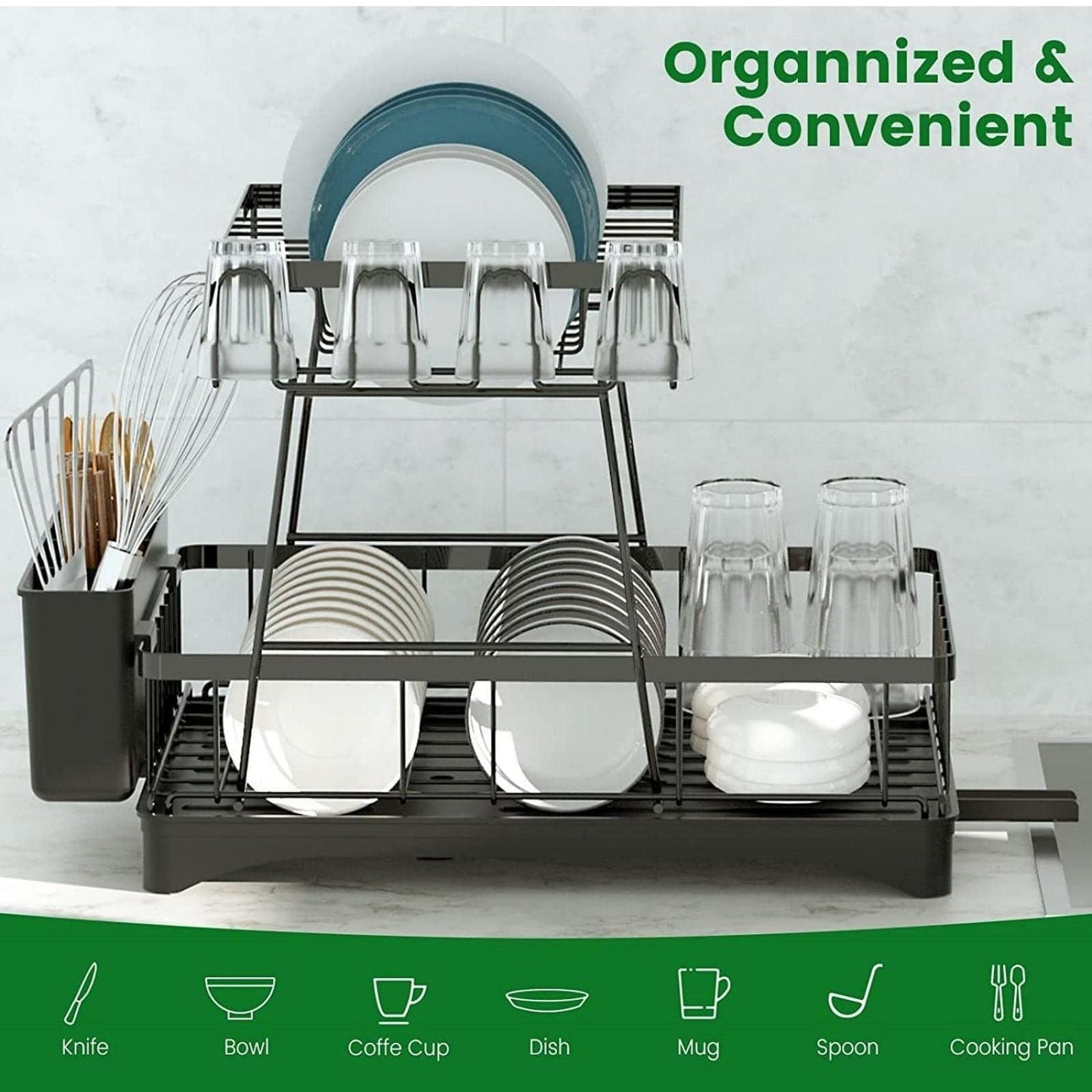 2 Tier Dish Rack for Kitchen Counter,Dish Drying Rack with 360°Drainage,Dish Drainboard Set with Cutlery Holder and 4 Cup Holder,Dish drainers Over Sink Drying Rack On Counter