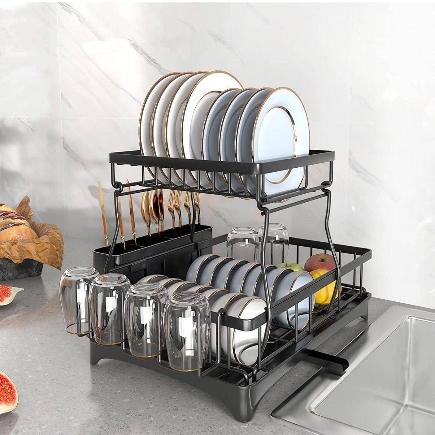 2 Tier Dish Rack for Kitchen Counter,Dish Drying Rack with 360°Drainage,Dish Drainboard Set with Cutlery Holder and 4 Cup Holder,Dish drainers Over Sink Drying Rack On Counter