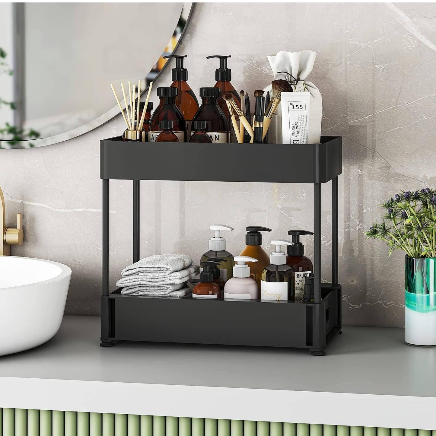 2 sets Under Sink Organizers and Storage Bathroom Organizer Under Sink, Pull Out Cabinet Organizer for Kitchen Bathroom Sink Storage, Pack of 2-layer storage racks in black