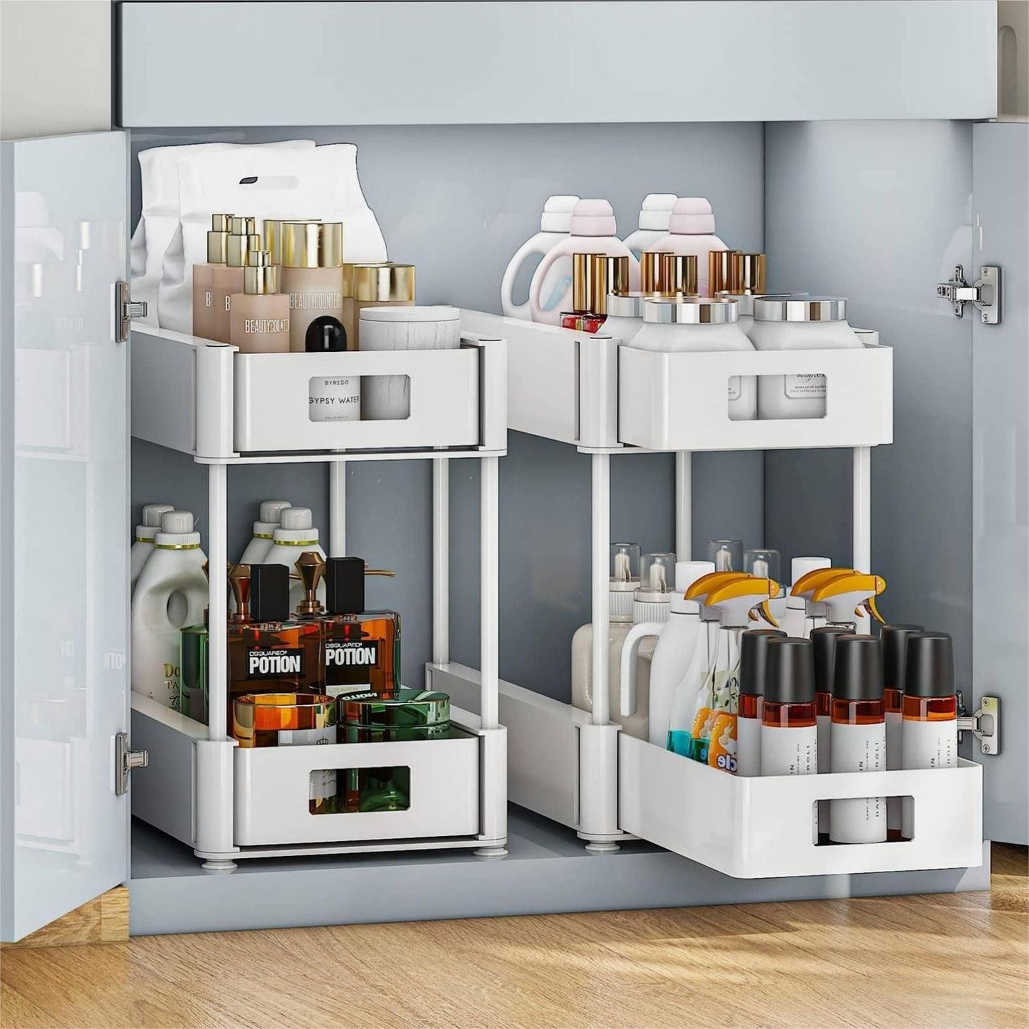 2 sets sink storage units and bathroom sink storage units, 2-layer drawer cabinet storage unit for kitchen bathroom sink storage, white