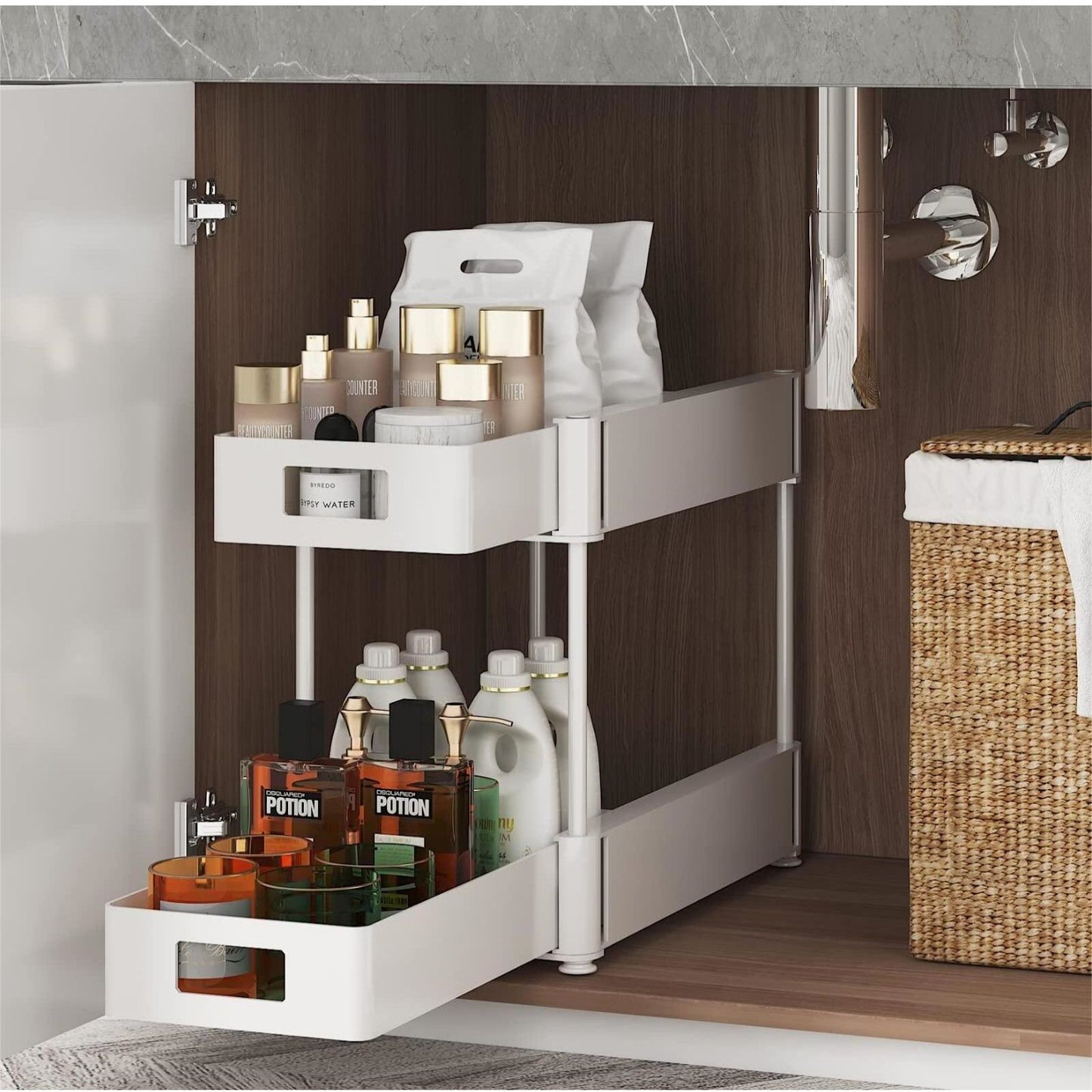 2 sets sink storage units and bathroom sink storage units, 2-layer drawer cabinet storage unit for kitchen bathroom sink storage, white