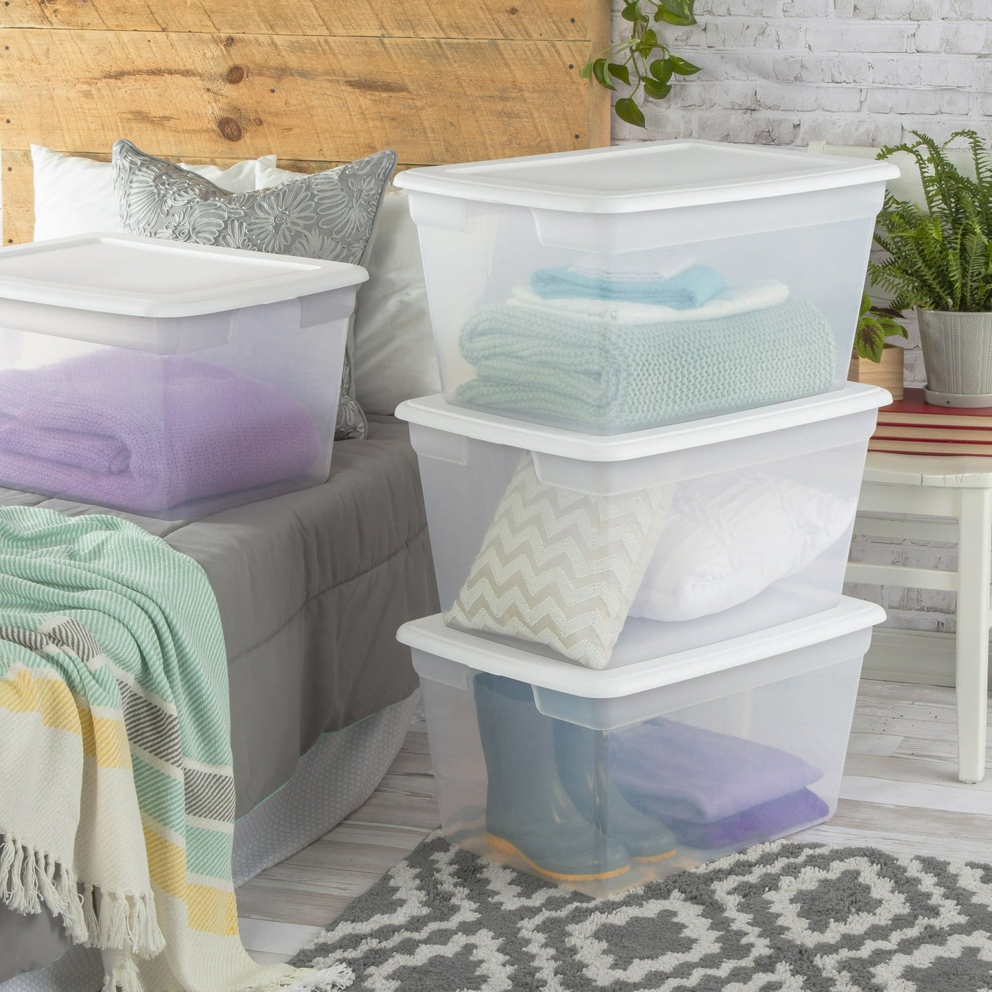 58 Qt Storage Box Clear Base White Lid Set of 8