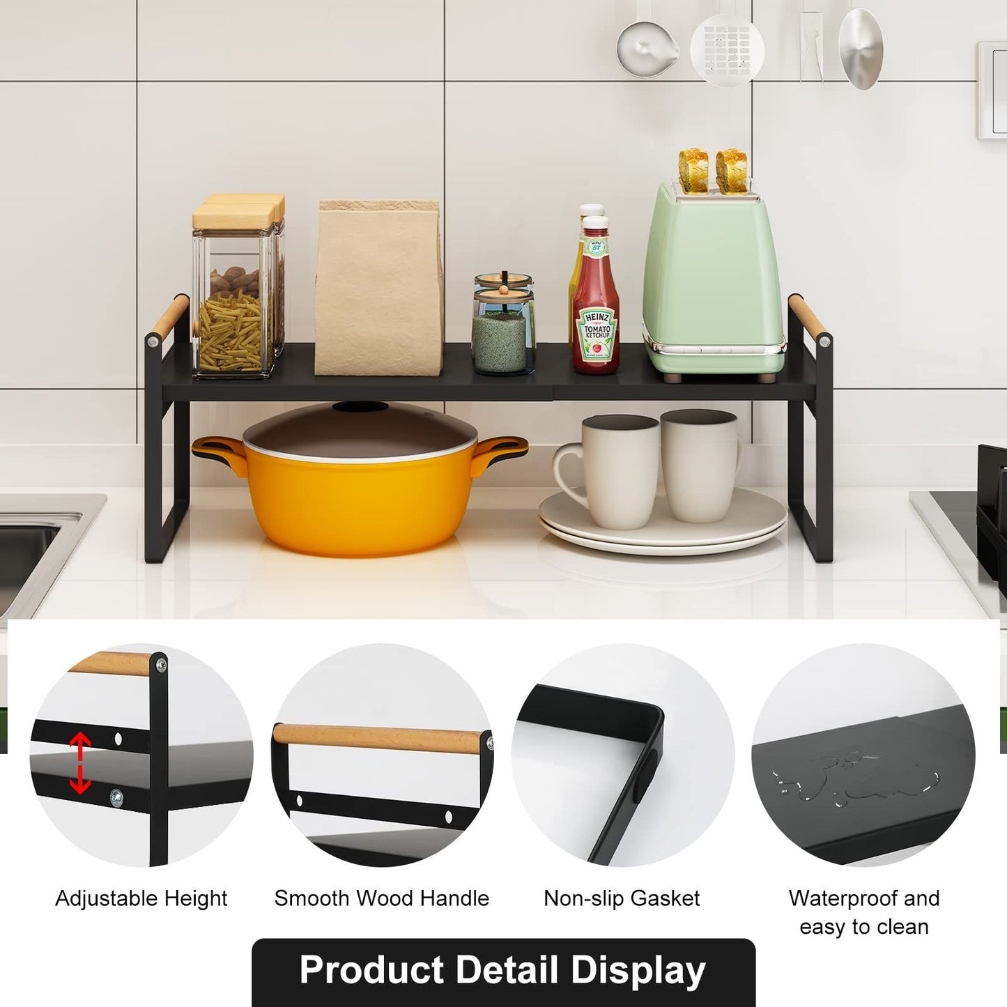 1 retractable frames-Expandable Cabinet Shelf Organizer,Stackable Pantry Shelf Organizer Adjustable Height Countertop Storage Shelf Rack Cupboard Spice Rack for Cabinet Kitchen Bathroom Pantry
