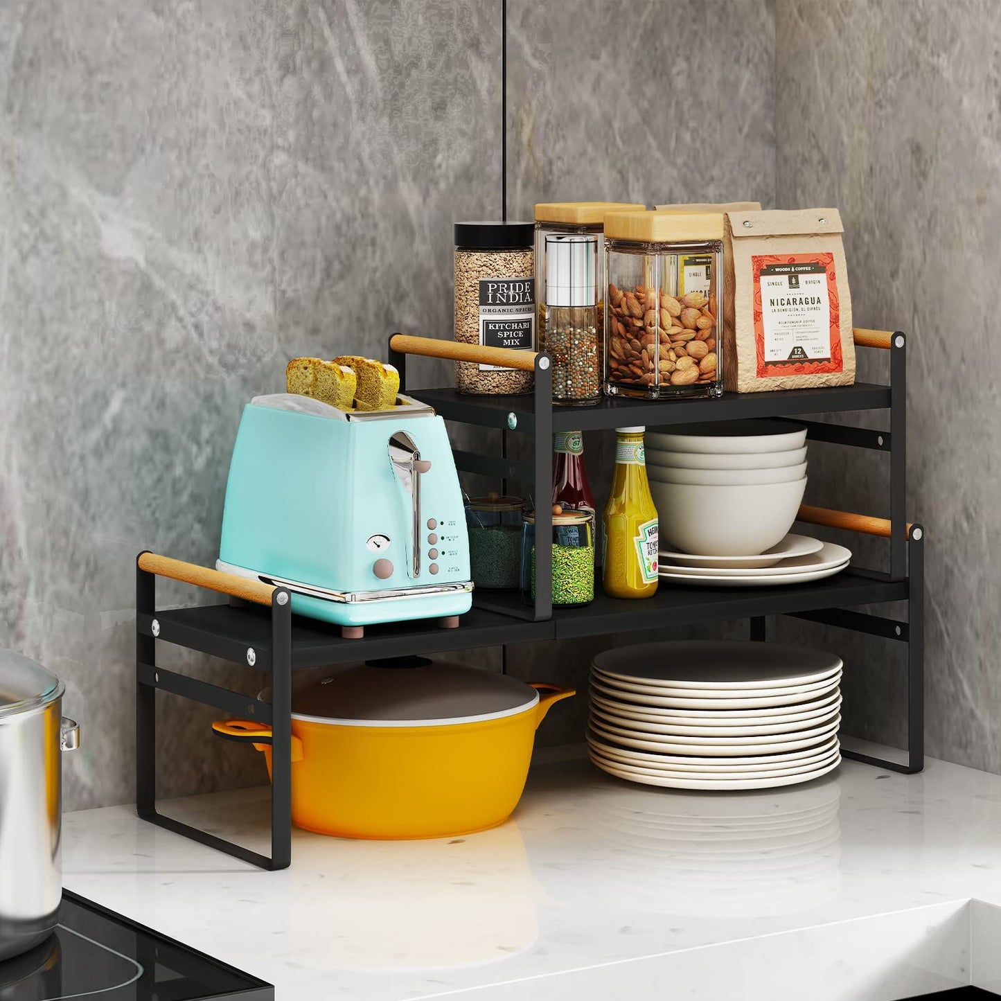 Two retractable frames - Expandable Cabinet Shelf Organizer,Stackable Pantry Shelf Organizer Adjustable Height Countertop Storage Shelf Rack Cupboard Spice Rack for Cabinet Kitchen Bathroom Pantry