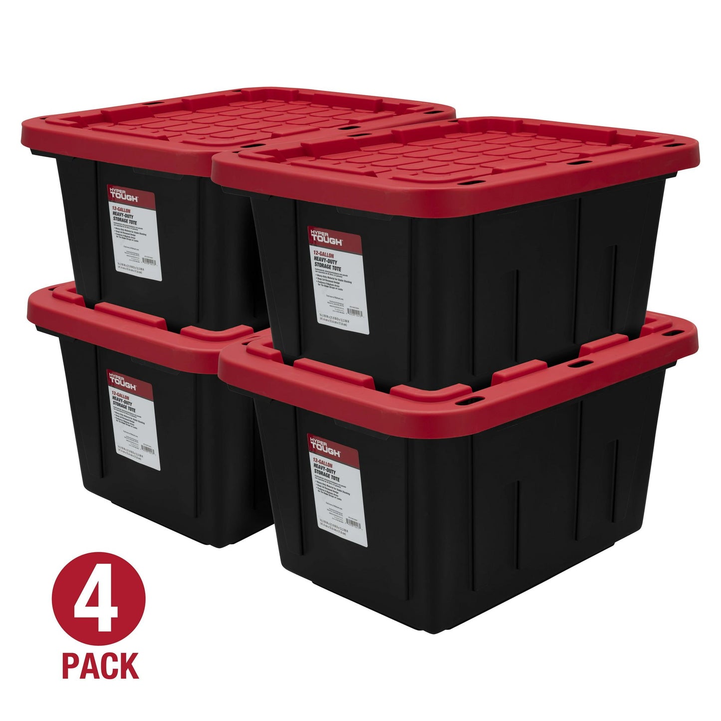 12 Gallon Snap Lid Storage Bin Container, Black with Red Lid, Set of 4