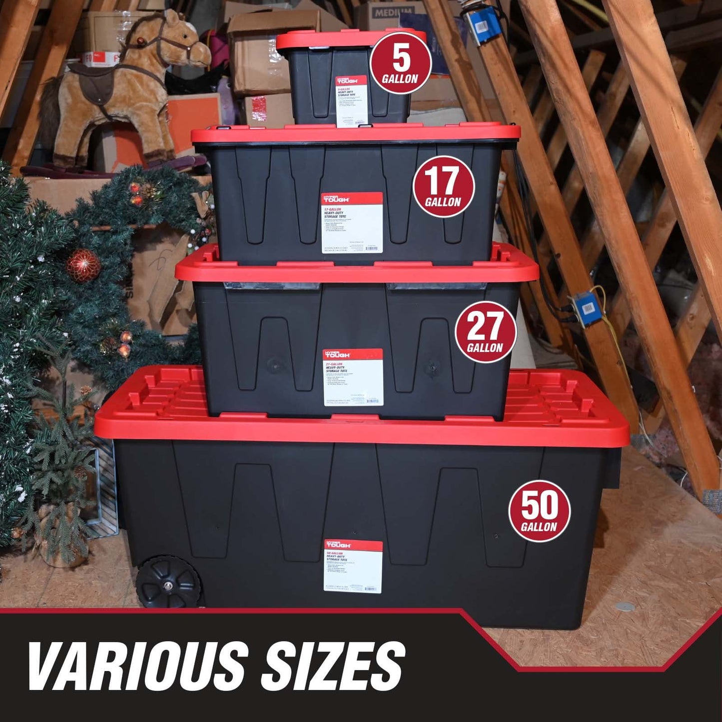 12 Gallon Snap Lid Storage Bin Container, Black with Red Lid, Set of 4
