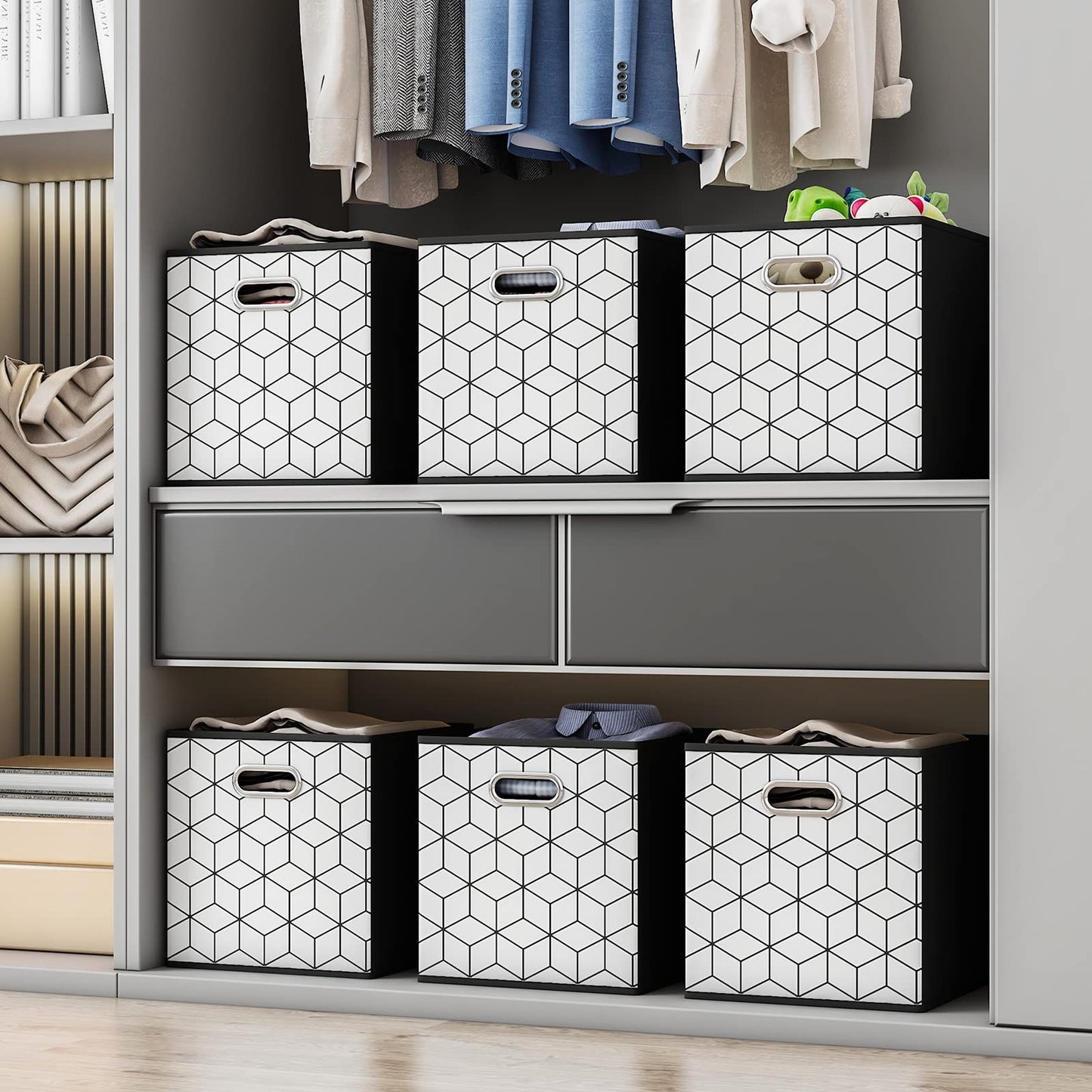 6 Pack Fabric Storage Cubes with Handle, Foldable 11 Inch Cube Storage Bins, Storage Baskets for Shelves, Storage Boxes for Organizing Closet Bins, Black
