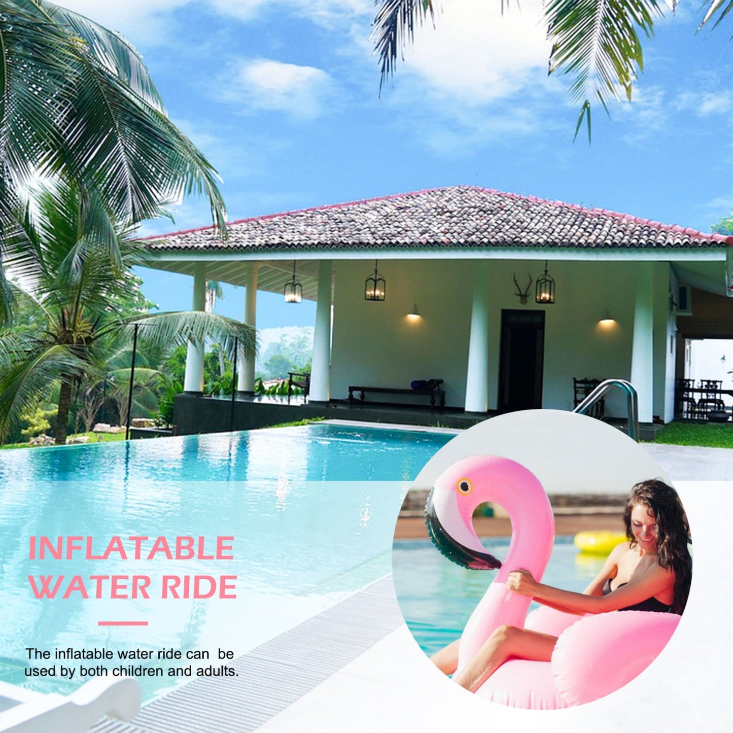 Giant inflatable flamingos ride on floating objects in the swimming pool, equipped with fast valve swimming rafts, suitable for summer party decoration toys for children and adults