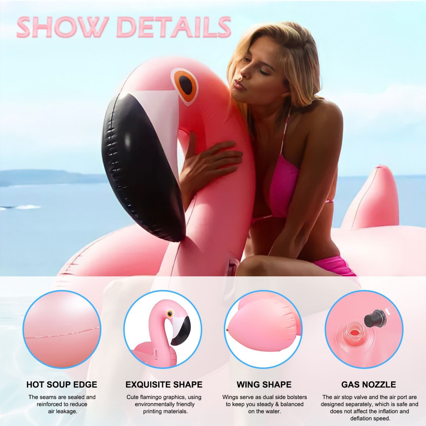 Giant inflatable flamingos ride on floating objects in the swimming pool, equipped with fast valve swimming rafts, suitable for summer party decoration toys for children and adults