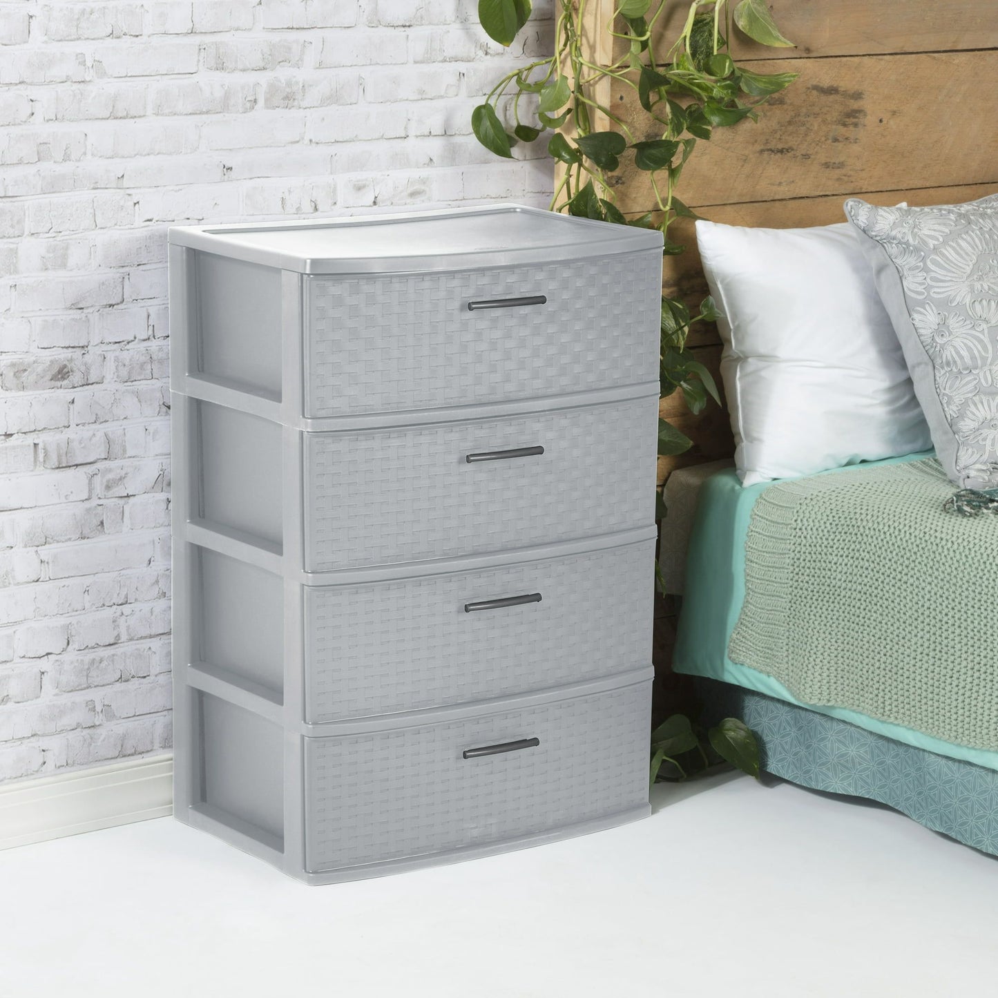 Wide 4 Drawer Cross-Weave Tower for multi-purposes