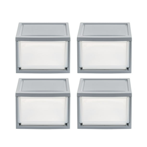 14 Quart Stackable Clear Plastic Storage Drawer, Gray, Set of 4