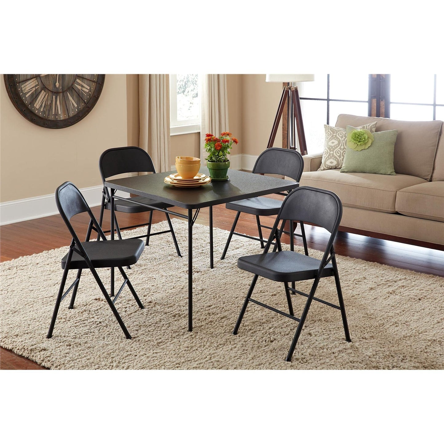 Steel Folding Chair (4 Pack), Black and Beige