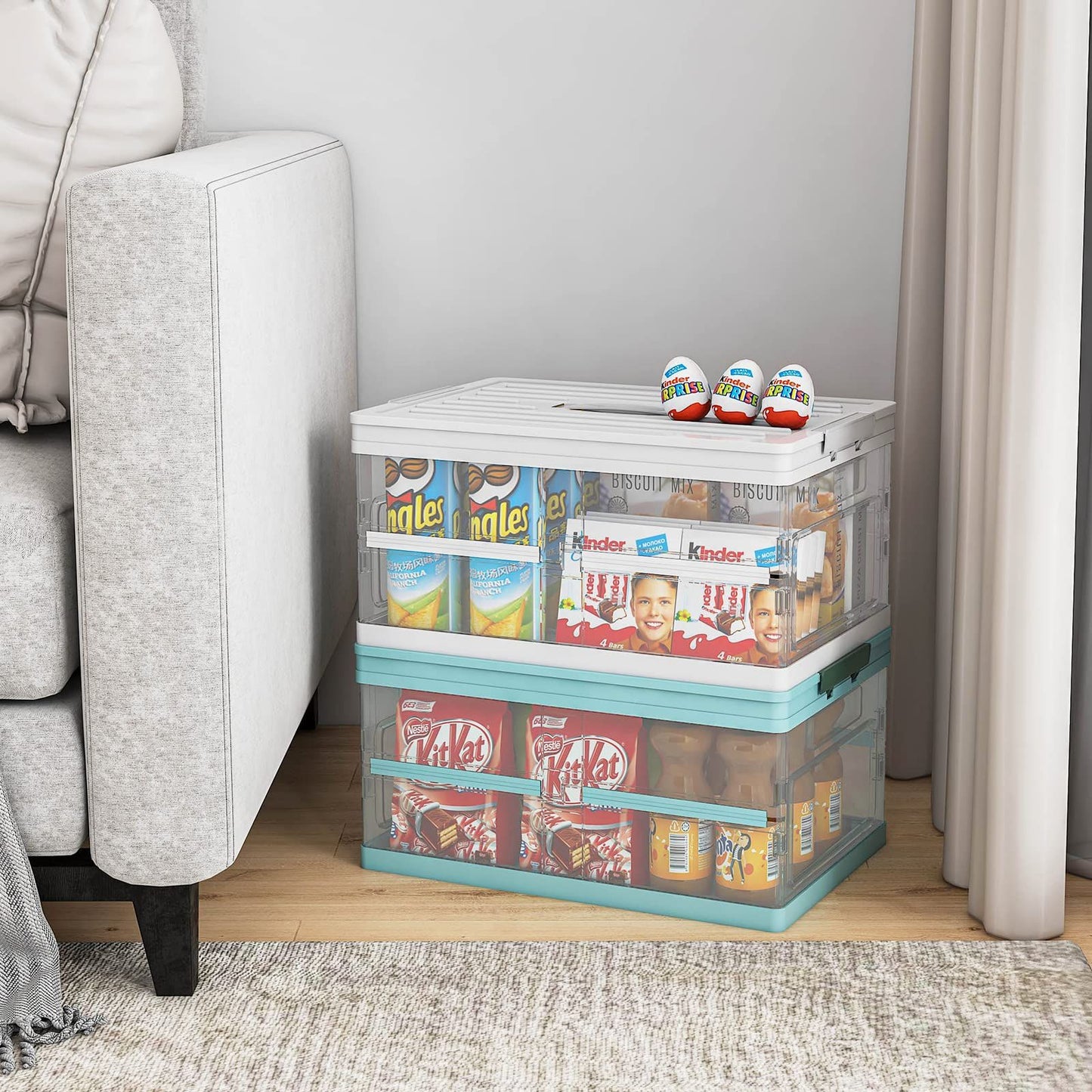 2 Pack Collapsible Storage Bins with Lids, Clear Plastic Foldable Storage Box, Stackable Storage Containers for Organizing, White