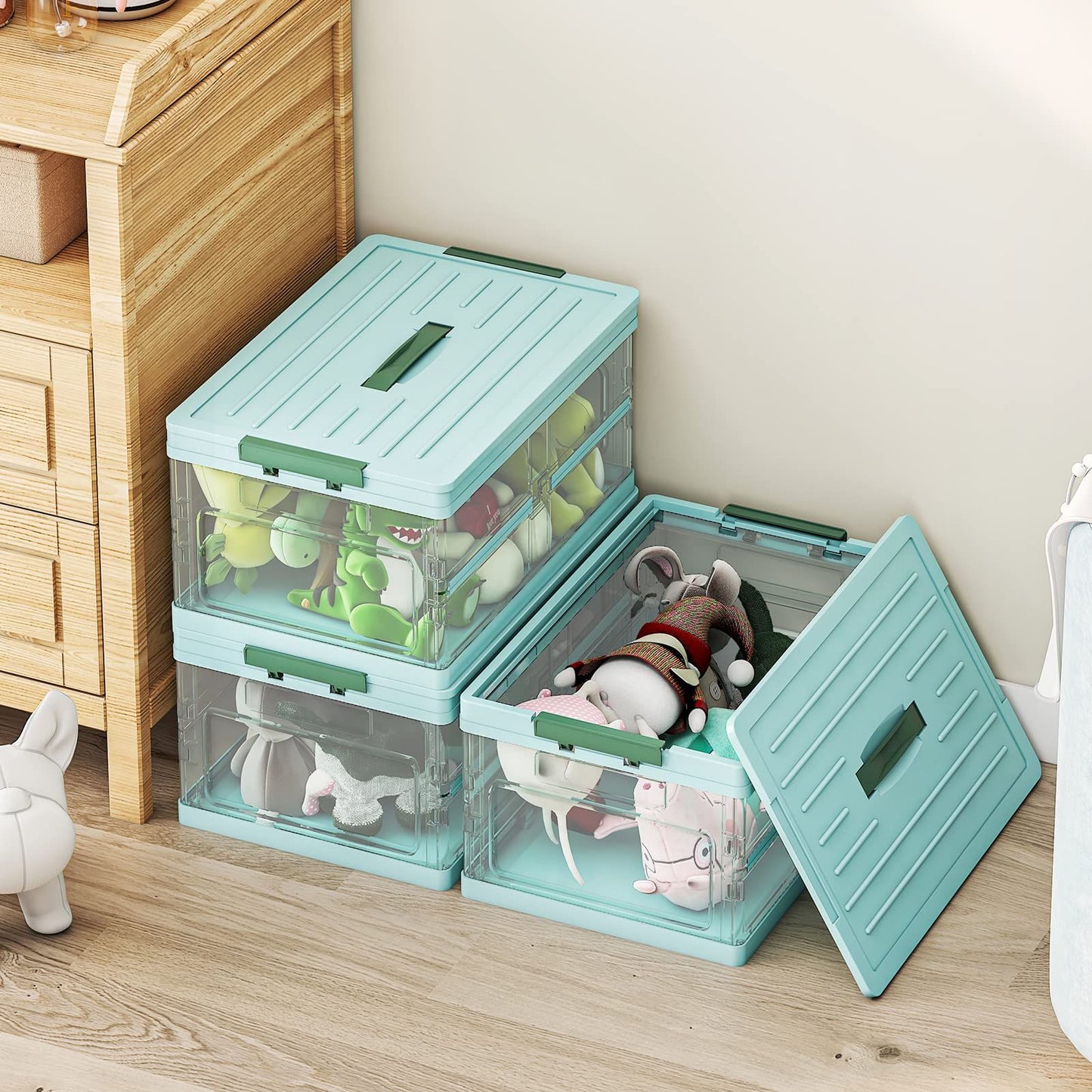 2 Pack Collapsible Storage Bins with Lids, Clear Plastic Foldable Storage Box, Stackable Storage Containers for Organizing, White
