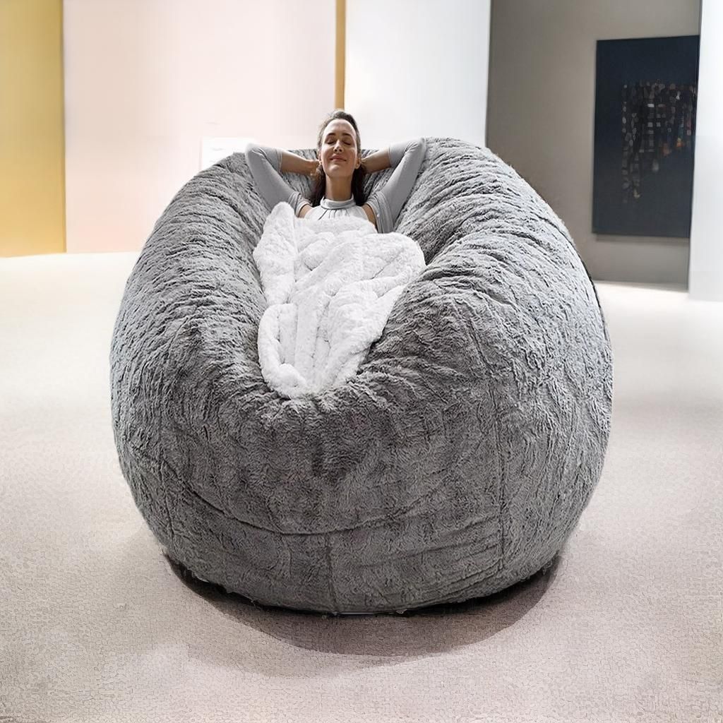 Bag Chair Cover(it was only a Cover; not a Full Bean Bag) Chair Cushion; Big Round Soft Fluffy PV Velvet Sofa Bed Cover; Living Room Furniture; Lazy Sofa Bed Cover; 5ft Light Grey