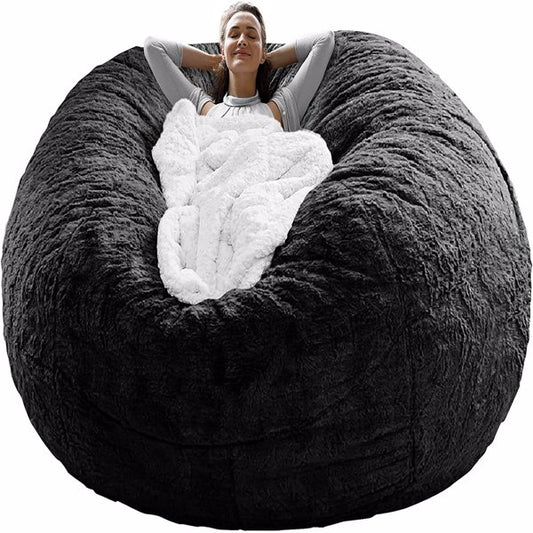 Bag Chair Cover(it was only a Cover; not a Full Bean Bag) Chair Cushion; Big Round Soft Fluffy PV Velvet Sofa Bed Cover; Living Room Furniture; Lazy Sofa Bed Cover; 5ft Black
