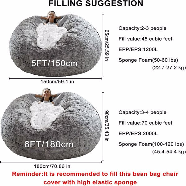 Bag Chair Cover(it was only a Cover; not a Full Bean Bag) Chair Cushion; Big Round Soft Fluffy PV Velvet Sofa Bed Cover; Living Room Furniture; Lazy Sofa Bed Cover; 5ft Black