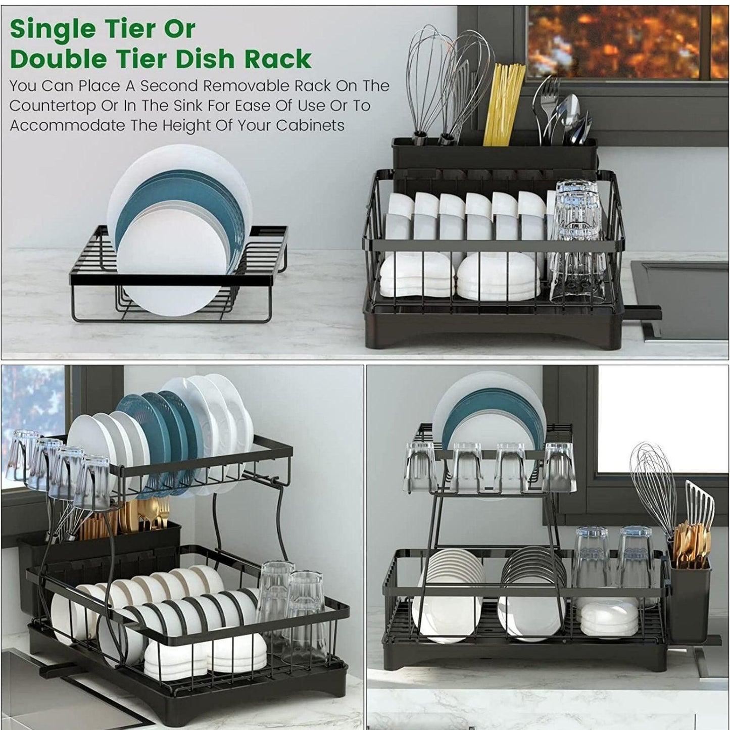 2 Tier Dish Rack for Kitchen Counter,Dish Drying Rack with 360°Drainage,Dish Drainboard Set with Cutlery Holder and 4 Cup Holder,Dish drainers Over Sink Drying Rack On Counter