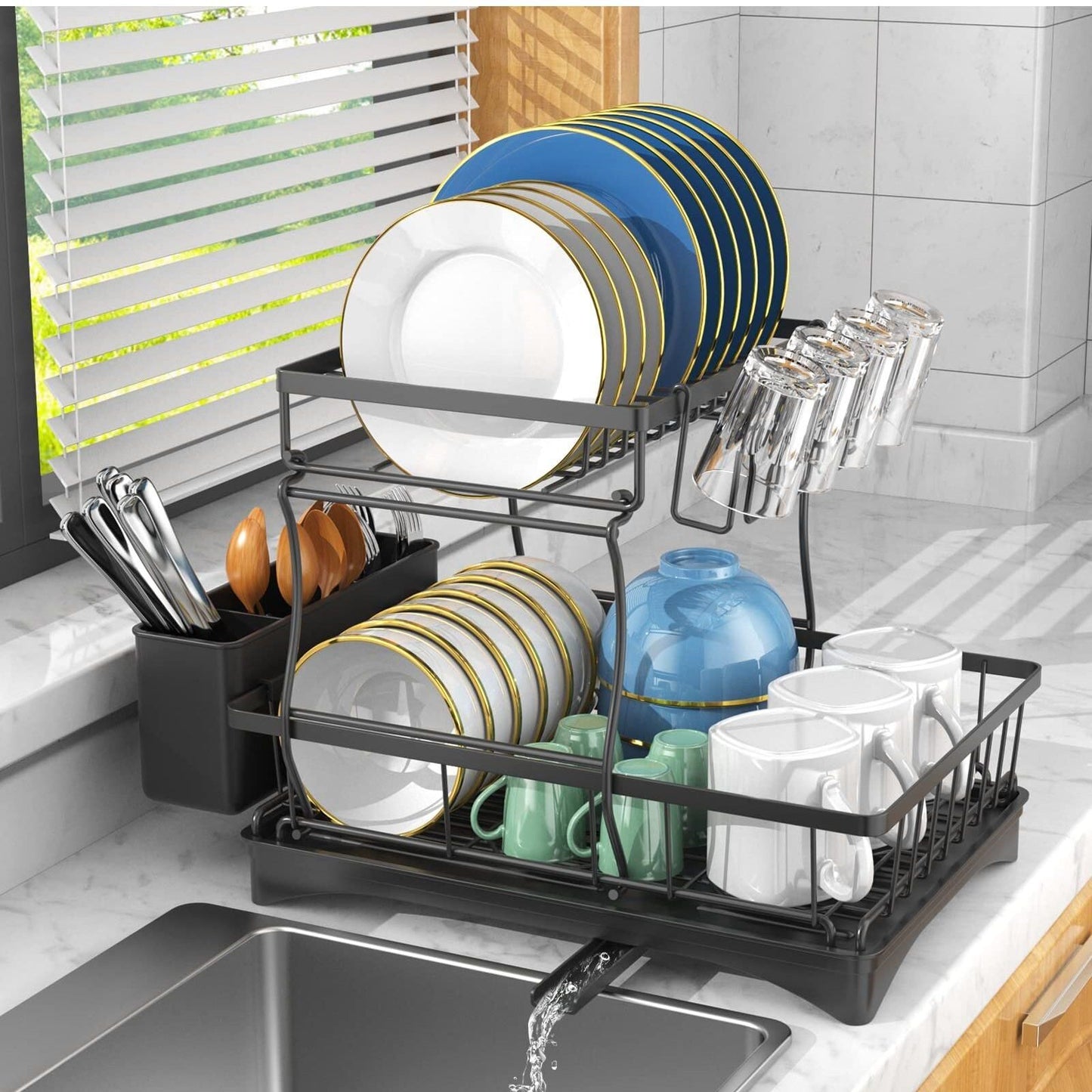 2 Tier Dish Rack for Kitchen Counter,Dish Drying Rack with 360°Drainage,Dish Drainboard Set with Cutlery Holder and 4 Cup Holder,Dish drainers Over Sink Drying Rack On Counter