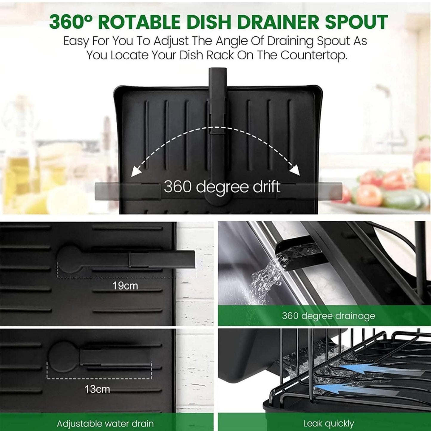 2 Tier Dish Rack for Kitchen Counter,Dish Drying Rack with 360°Drainage,Dish Drainboard Set with Cutlery Holder and 4 Cup Holder,Dish drainers Over Sink Drying Rack On Counter