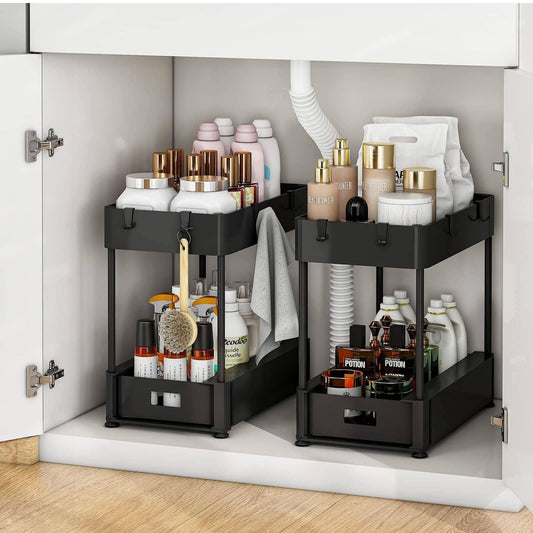 2 sets  Under Sink Organizers and Storage Bathroom Organizer Under Sink, Pull Out Cabinet Organizer for Kitchen Bathroom Sink Storage, Pack of 2-layer storage racks in black