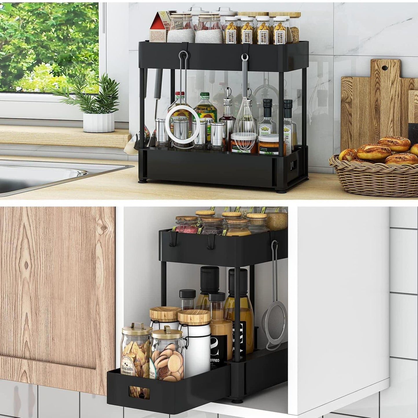 2 sets  Under Sink Organizers and Storage Bathroom Organizer Under Sink, Pull Out Cabinet Organizer for Kitchen Bathroom Sink Storage, Pack of 2-layer storage racks in black