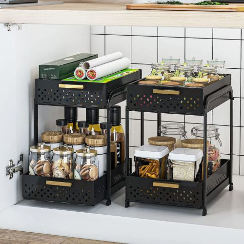 Double Sink Shelf, Storage Space,Farmhouse Counter, Suitable For Kitchen Under-Cabinet Storage, Suitable For Bathroom Sliding Basket Storage Bag, Black