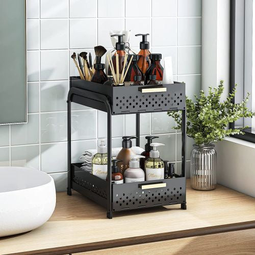 Double Sink Shelf, Storage Space,Farmhouse Counter, Suitable For Kitchen Under-Cabinet Storage, Suitable For Bathroom Sliding Basket Storage Bag, Black