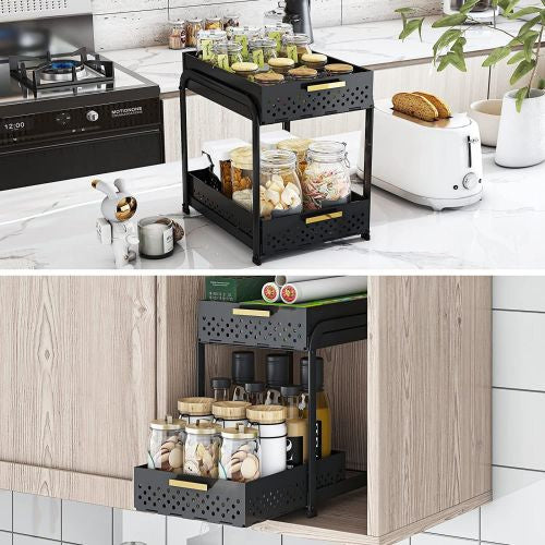 Double Sink Shelf, Storage Space,Farmhouse Counter, Suitable For Kitchen Under-Cabinet Storage, Suitable For Bathroom Sliding Basket Storage Bag, Black