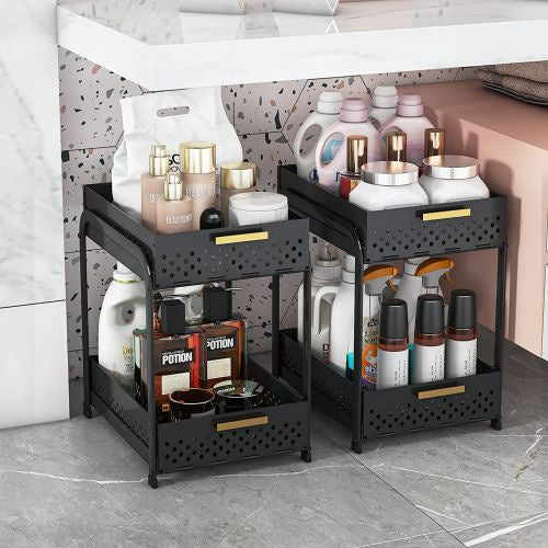Double Sink Shelf, Storage Space,Farmhouse Counter, Suitable For Kitchen Under-Cabinet Storage, Suitable For Bathroom Sliding Basket Storage Bag, Black