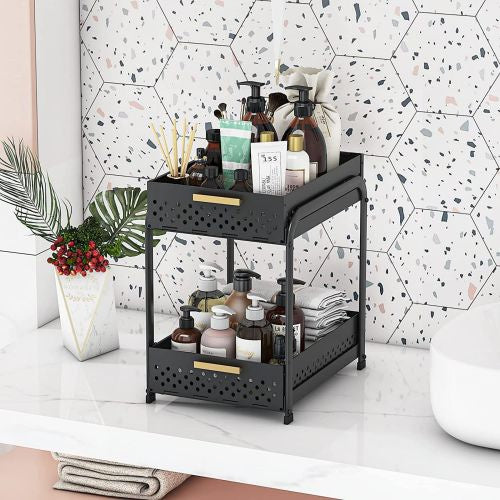 Double Sink Shelf, Storage Space,Farmhouse Counter, Suitable For Kitchen Under-Cabinet Storage, Suitable For Bathroom Sliding Basket Storage Bag, Black