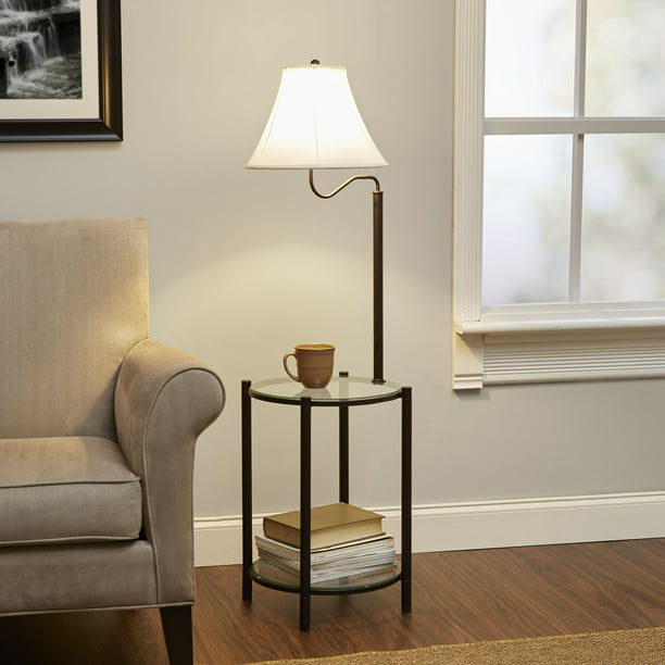 Glass End Table Floor Lamp, Matte Black