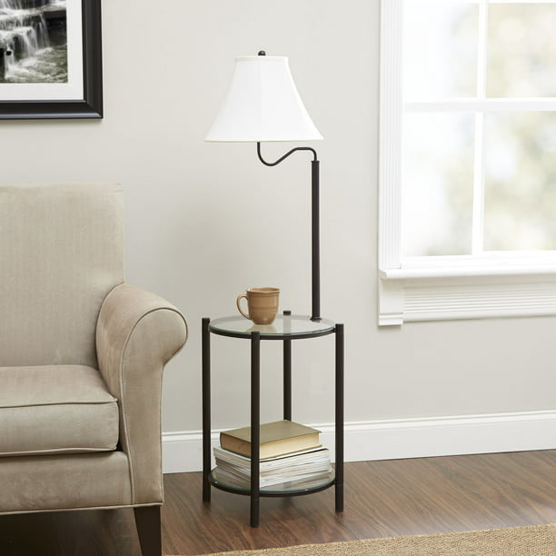Glass End Table Floor Lamp, Matte Black