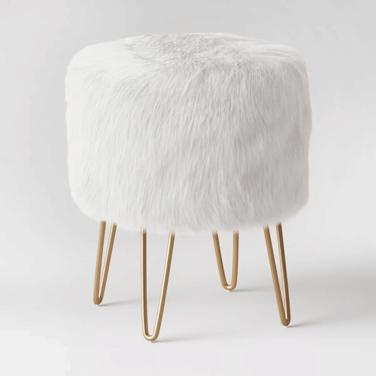 Faux Fur Round Storage Ottoman, Vanity Stool Chair with Storage, White