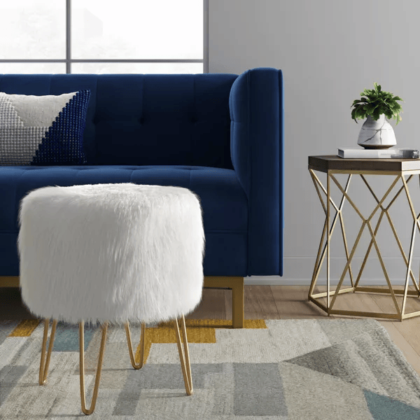 Faux Fur Round Storage Ottoman, Vanity Stool Chair with Storage, White