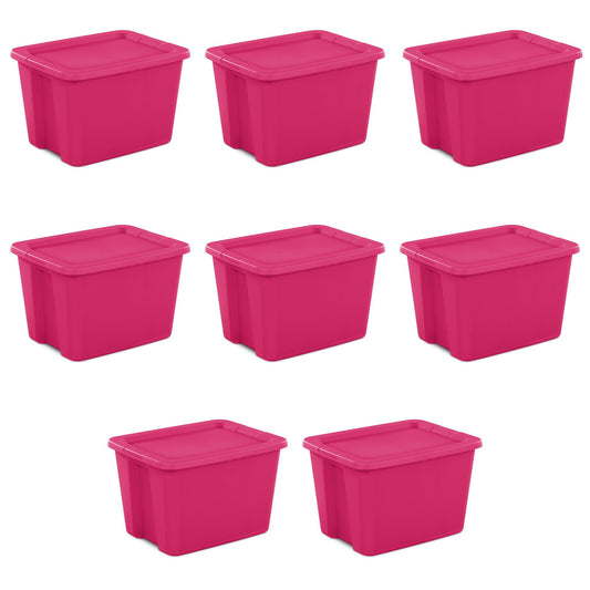 18 Gallon Tote Box Plastic, Fuchsia Burst, Set of 8