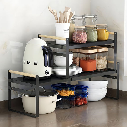 Two retractable frames - Expandable Cabinet Shelf Organizer,Stackable Pantry Shelf Organizer Adjustable Height  Countertop Storage Shelf Rack Cupboard Spice Rack for Cabinet Kitchen Bathroom Pantry