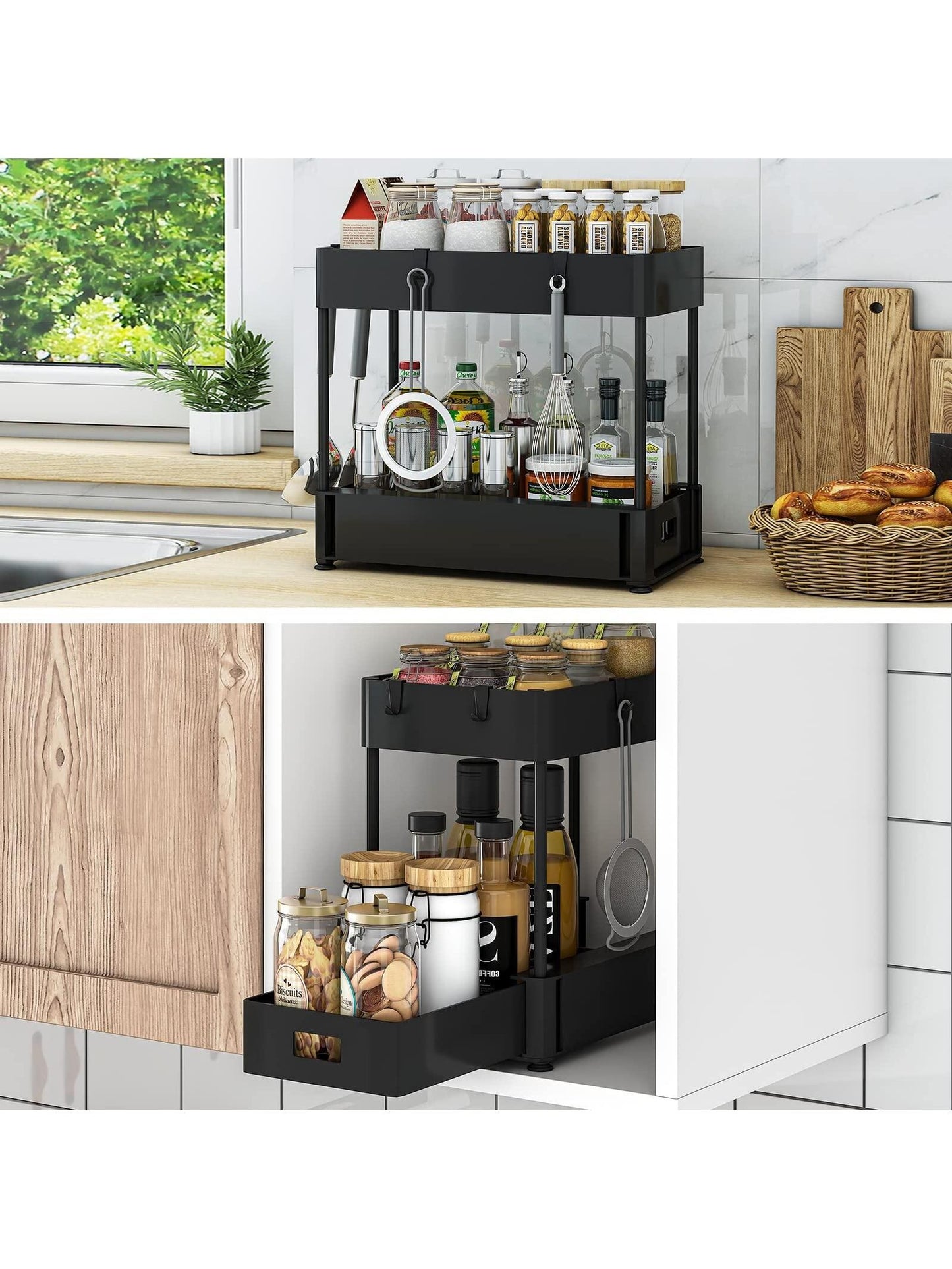 2 layers Under Sink Organizers and Storage Bathroom Organizer Under Sink, Pull Out Cabinet Organizer for Kitchen Bathroom Sink Storage, Pack of 2-layer storage racks in black