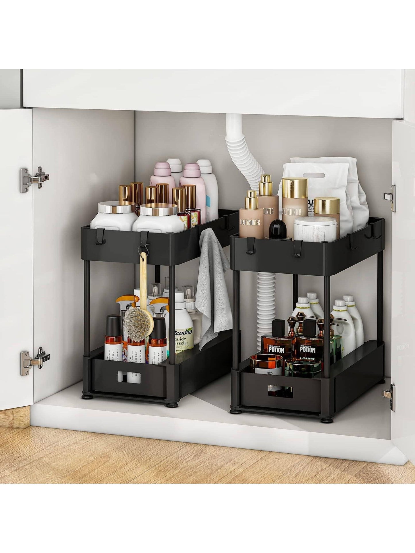 2 layers Under Sink Organizers and Storage Bathroom Organizer Under Sink, Pull Out Cabinet Organizer for Kitchen Bathroom Sink Storage, Pack of 2-layer storage racks in black