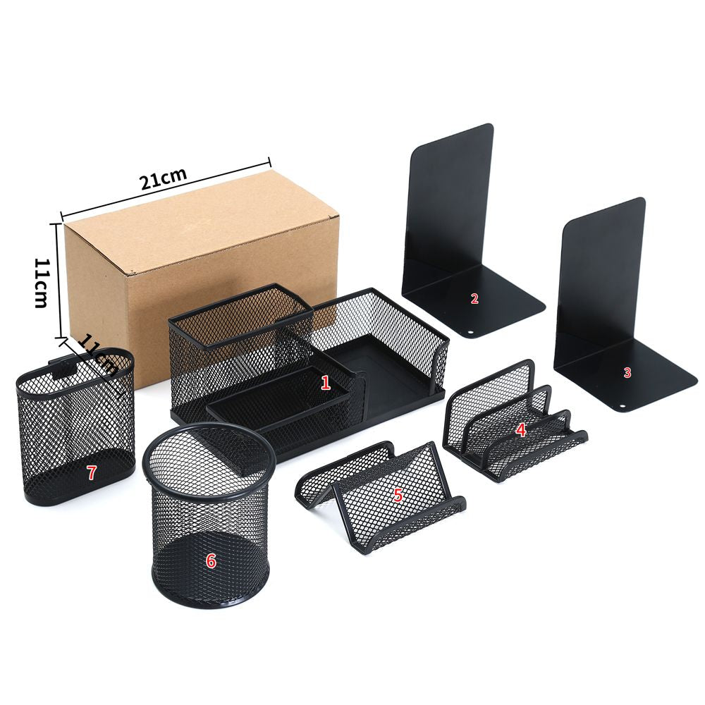 Small desk storage box, mesh multifunctional 3 grid stationery storage box set with 7 stationery storage tools