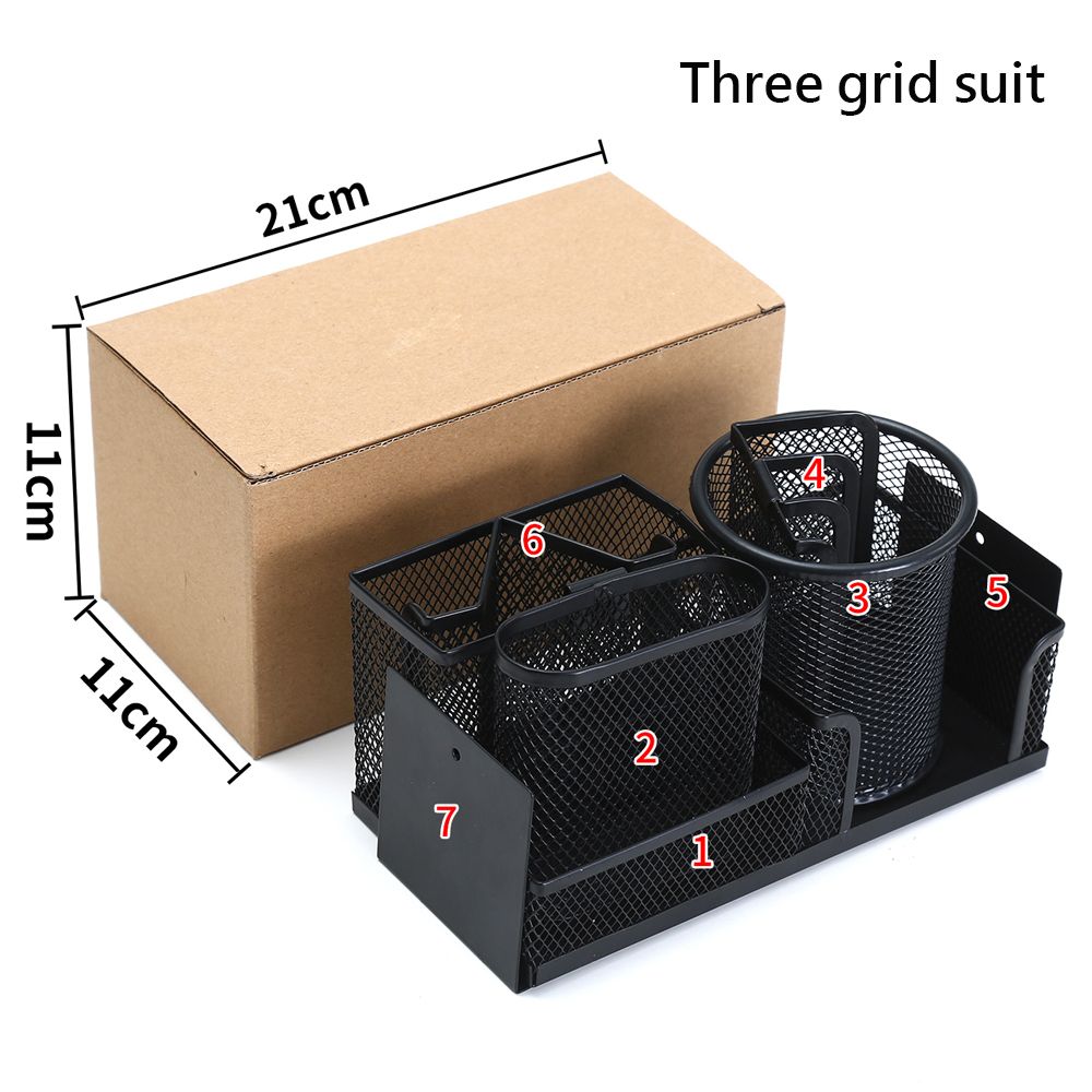 Small desk storage box, mesh multifunctional 3 grid stationery storage box set with 7 stationery storage tools