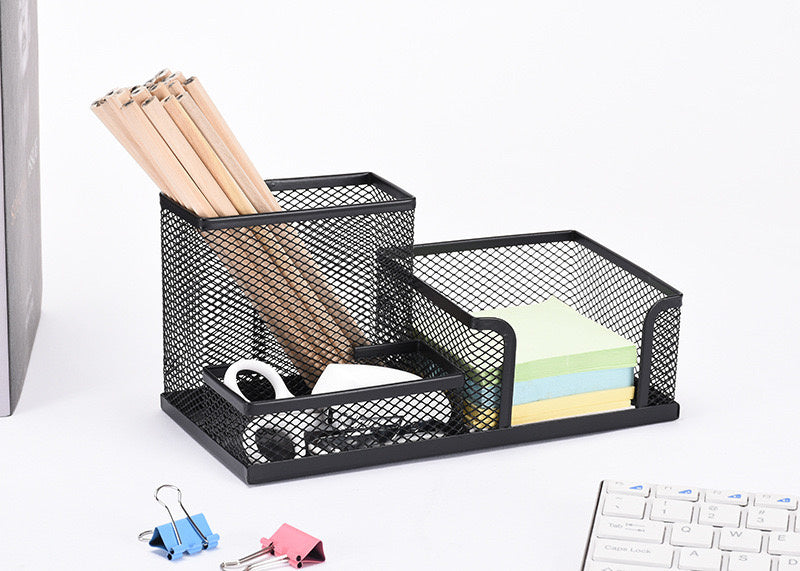 Small desk storage box, mesh multifunctional 3 grid stationery storage box set with 7 stationery storage tools