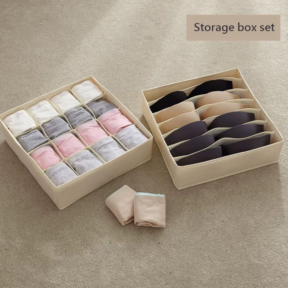 The storage box set is equipped with multiple compartments and can be used for pull-out fabric storage. Multiple compartments can store underwear/underwear/socks