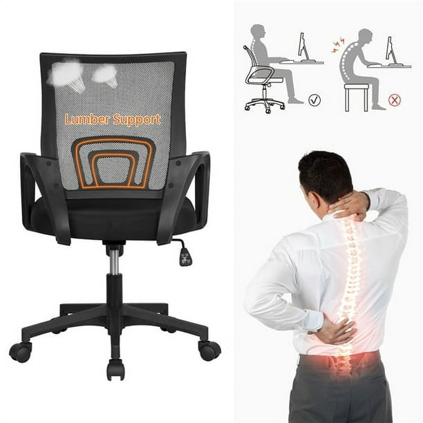 Office Computer Desk Chair Gaming-Ergonomic Mid Back Cushion Lumbar Support with Wheels Comfortable Blue Mesh Racing Seat Adjustable Swivel Rolling Home Executive (Black)