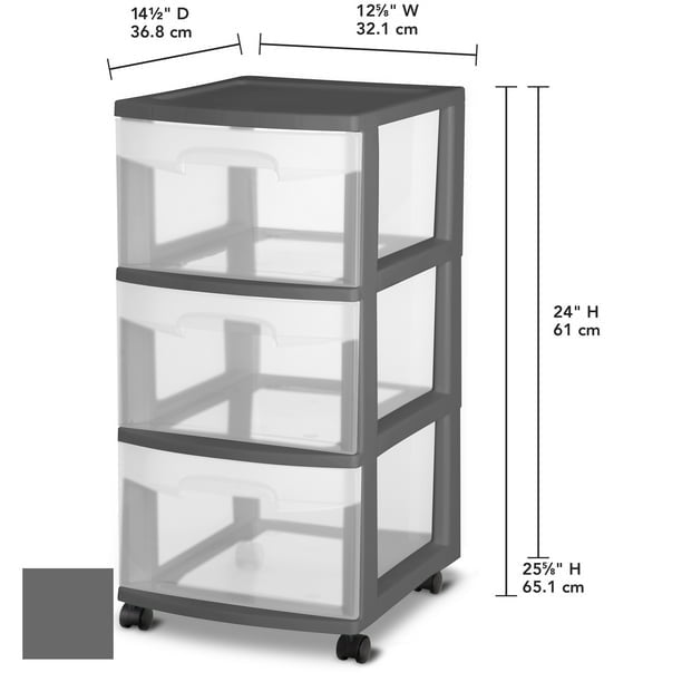 3 Drawer Cart Plastic, Gray Flannel, Set of 2
