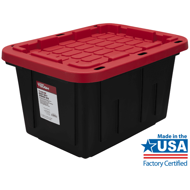 12 Gallon Snap Lid Storage Bin Container, Black with Red Lid, Set of 4