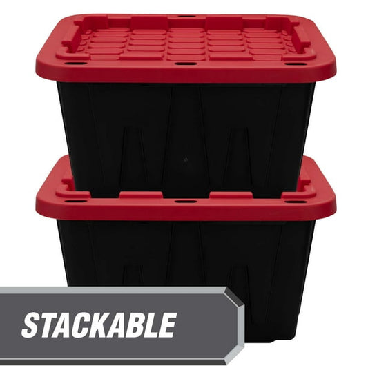 12 Gallon Snap Lid Storage Bin Container, Black with Red Lid, Set of 4
