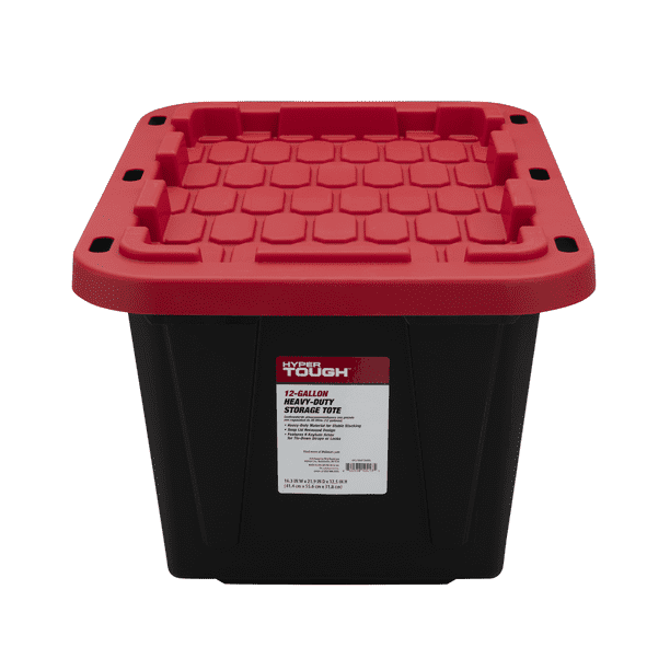12 Gallon Snap Lid Storage Bin Container, Black with Red Lid, Set of 4