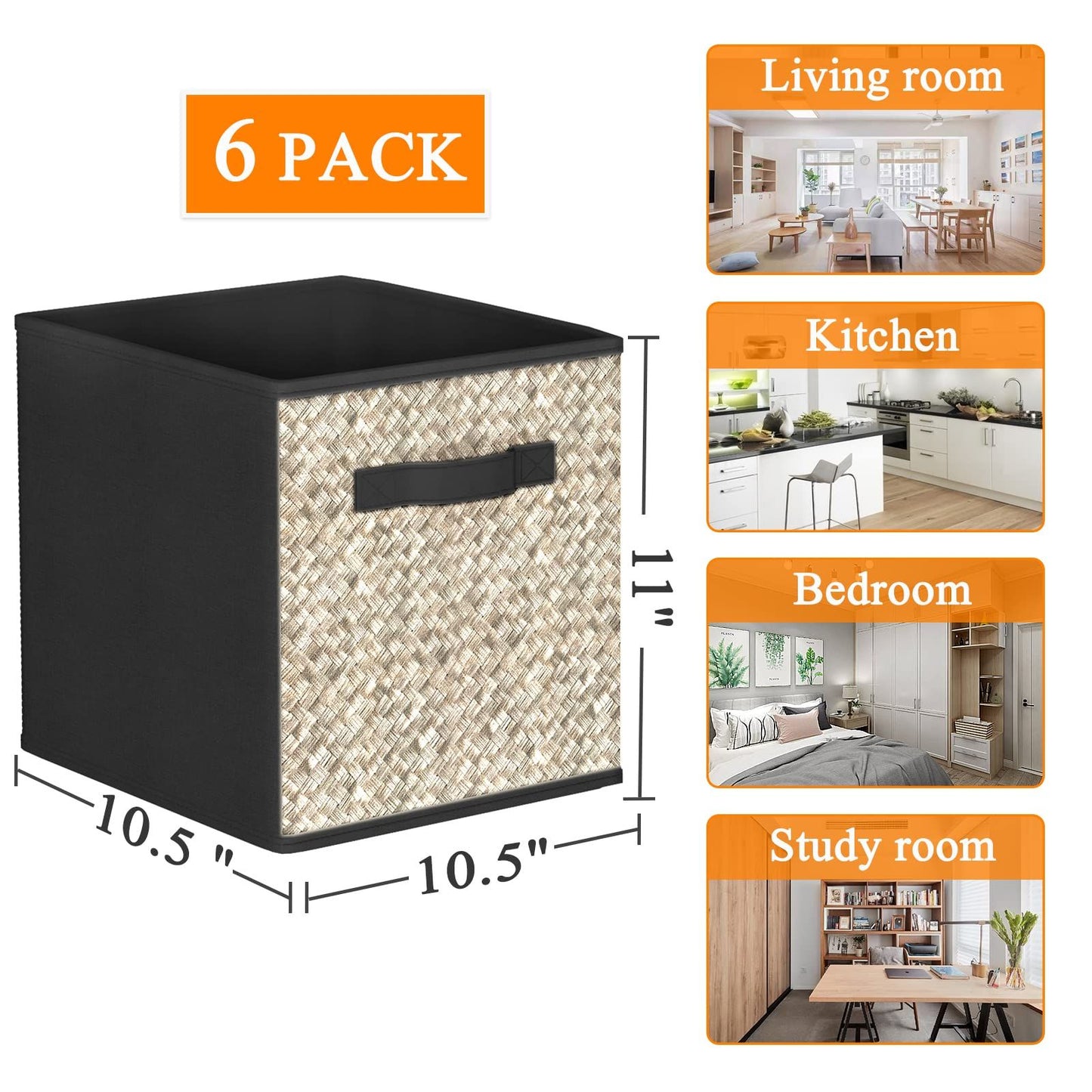 6 Pack Fabric Storage Cubes with Handle, Foldable 11 Inch Cube Storage Bins, Storage Baskets for Shelves, Storage Boxes for Organizing Closet Bins,Black